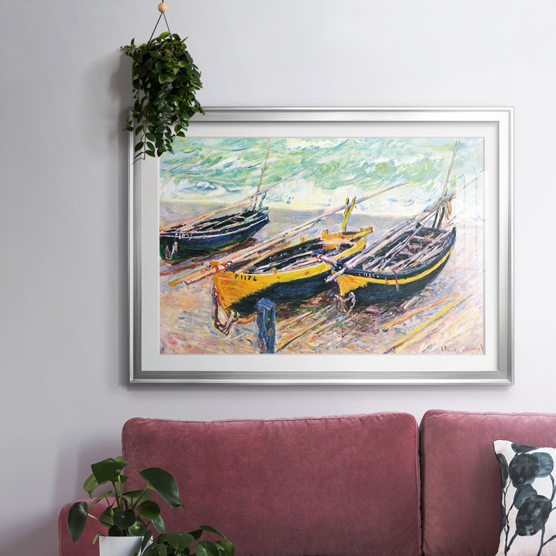 Quai d'Étretat (trois bateaux de pêche) encadré sur papier par Claude Monet, Argent, H 19 po x l 27 po x P 1,5 po