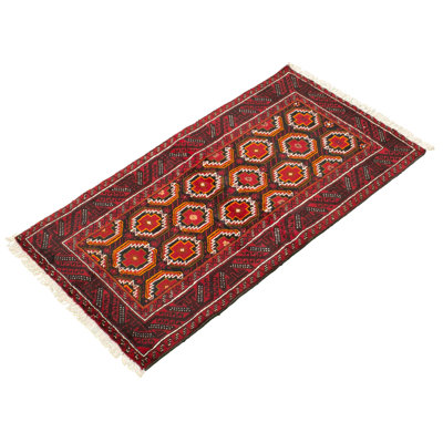 Tapis décoratif en laine rouge de conception unique 3 pi 1 po x 5 pi 11 po Han noué à la main 1980s