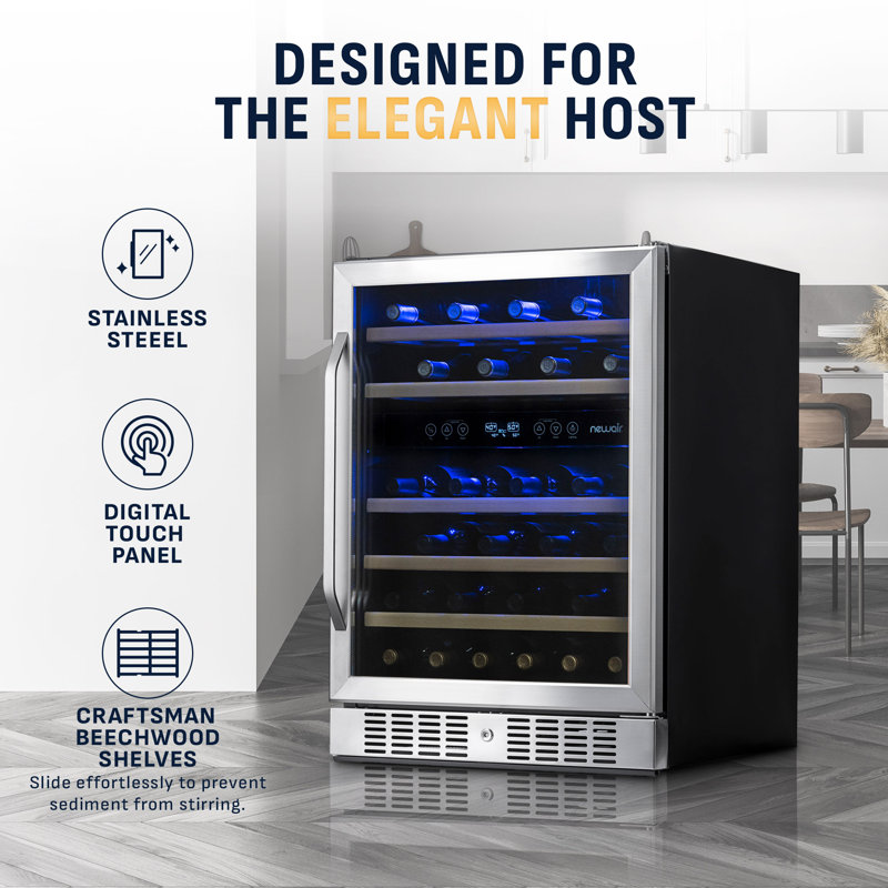 Newair 24" Built-in 52 Bottle Wine Refrigerator in Stainless Steel with Precision Digital Thermostat and Beechwood Shelves