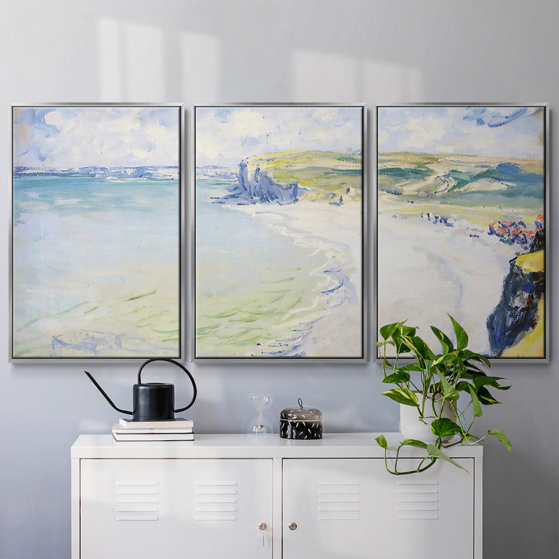 La plage à Pourville, 1882, encadrée sur toile, 3 pièces, H 24 po x l 48 po x P 2 po, Argent
