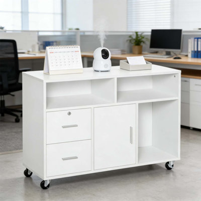 Armoire de rangement mobile avec support pour imprimante, tiroirs verrouillables et grandes tablettes pour l'organisation de bureau et de maison