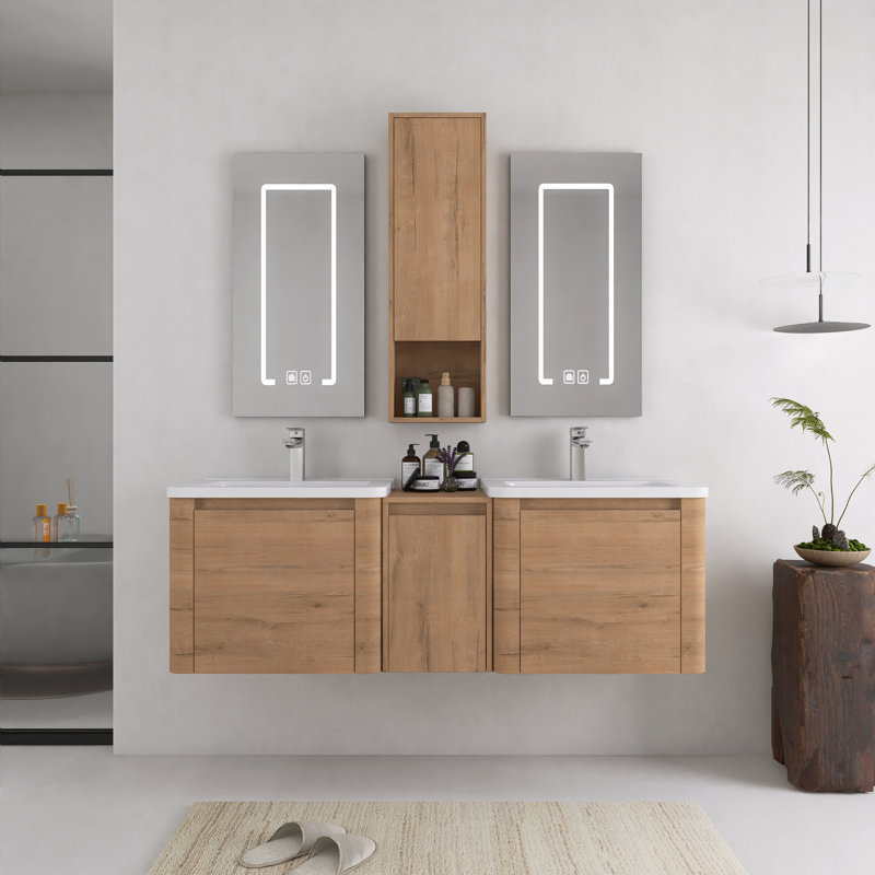 Ensemble de meuble-lavabo mural 60 po avec lavabos en céramique et armoires de rangement, portes à fermeture en douceur