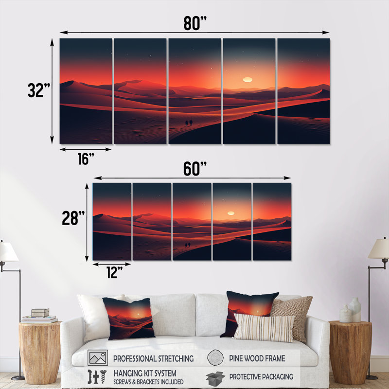 «Red Desert Twilight Photo V - Desert», ensemble d'art mural 5 pièces, H 32 po x l 80 po