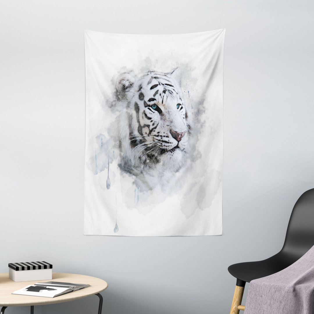 Wandbehang Porträt eines weißen Tigers Wilde Natur Raubtier Aquarell Spritzer