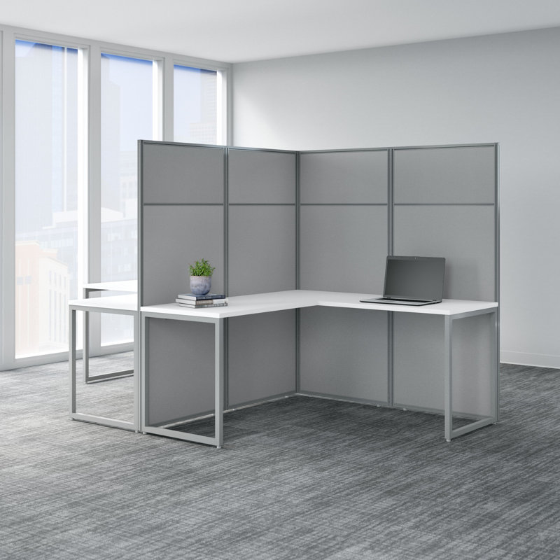 Easy Office 2 Person L-Shaped Desk Workstation with Panels Cubicle - Reversible, Pure White