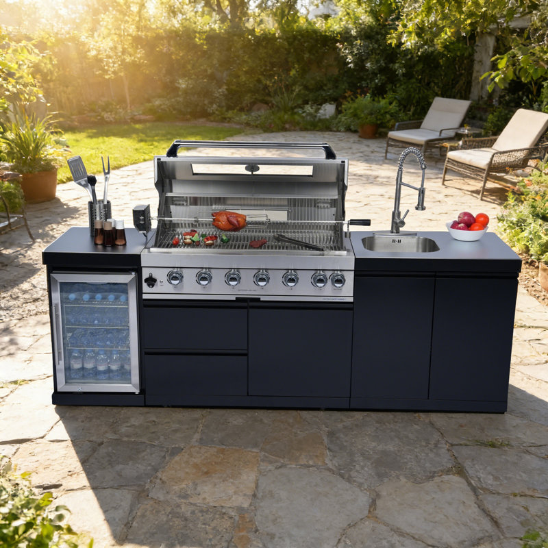 Îlot de barbecue au propane à 6 brûleurs de 96 po avec rôtissoire et réfrigérateur et évier pour l'extérieur