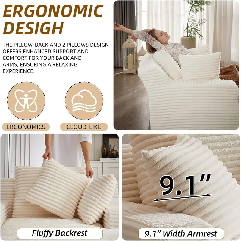 Boneless 66 Inch Chaise Lounge Chair Indoor, Oversized Corduroy Sleeper Chair with Throw Pillows, Upholstered Reading Chairs Boneless Deep Seat Sleeper Couch for Living Room, Bedroom, Movie Room