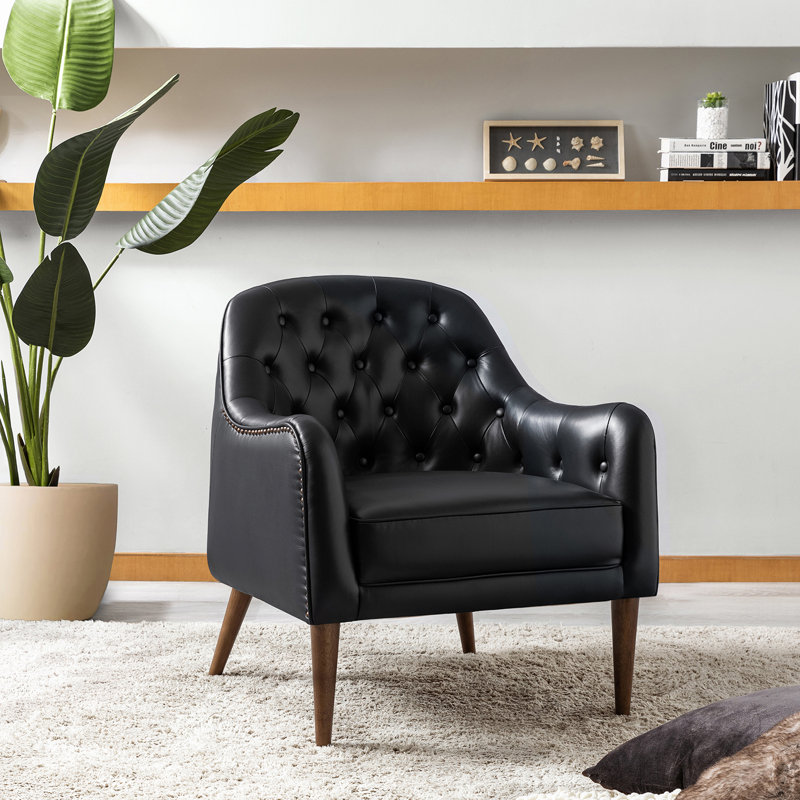 Rhinehart 28.5" Wide Genuine Leather Barrel Chair, Black  Genuine Leather