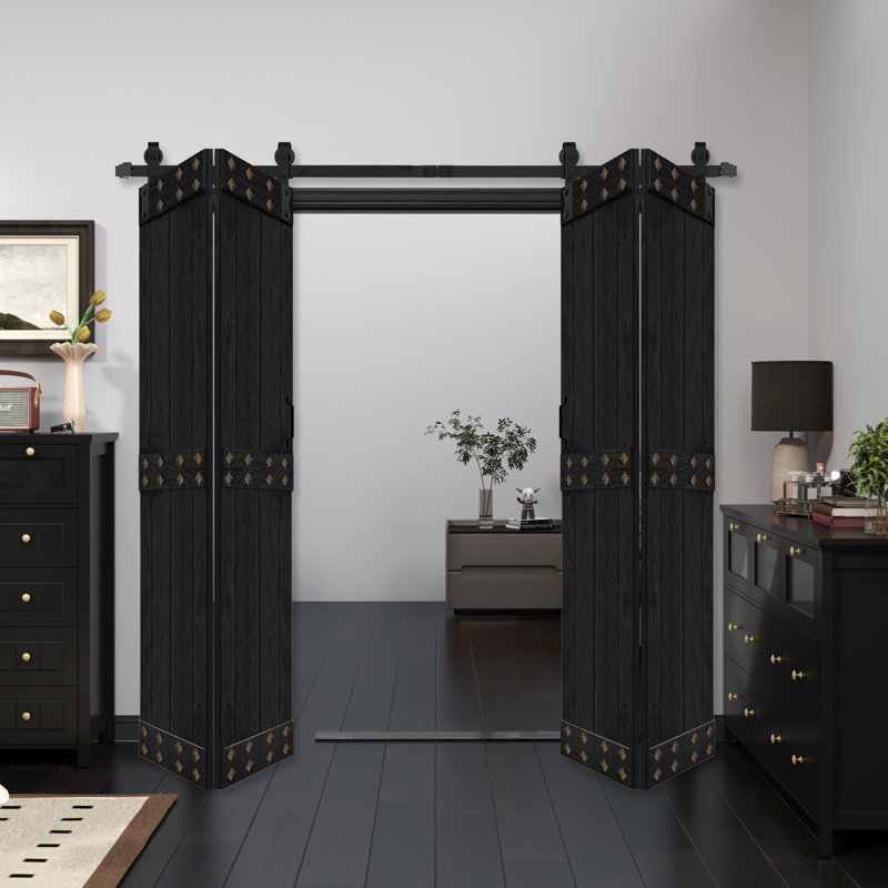 Porte de grange pliante en bois massif de style Mid-Bar 4 panneaux avec quincaillerie - assemblage requis, Ébène