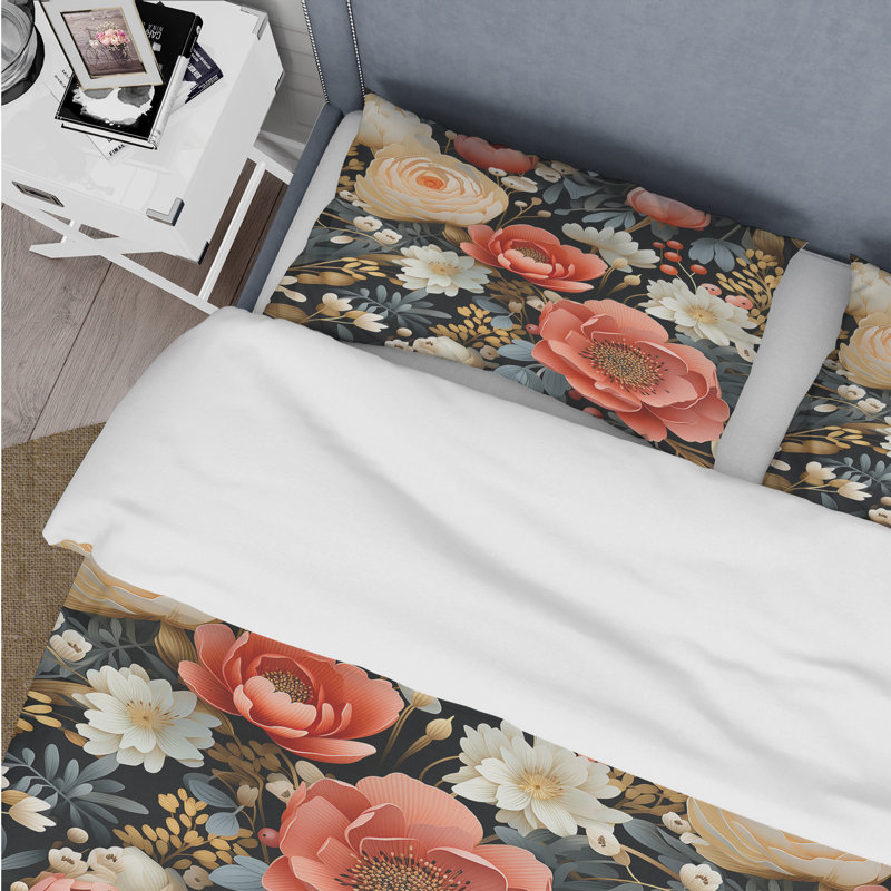 Ivoire et rouge Boho Chic Floral Motif III - Ensemble de housse de couette floral - Microfibre de polyester