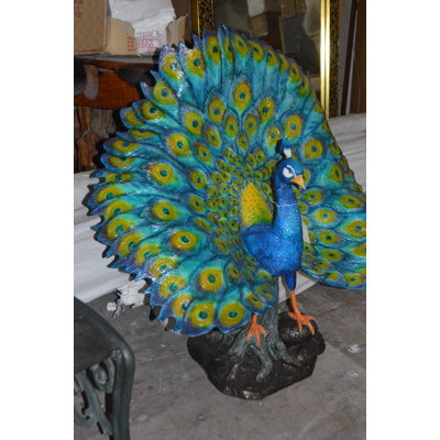 Colorful Peacock Bronze Statue - Size: 24"L x 39"W x 35"H.