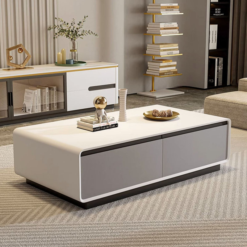 Rectangular high-end simple creative coffee table, 14.96" H x 55.12" L x 27.56" W, White, White/Gray