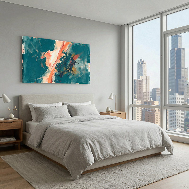 Toile murale à texture abstraite de coups de pinceau turquoise et corail, 46“W x 24”H