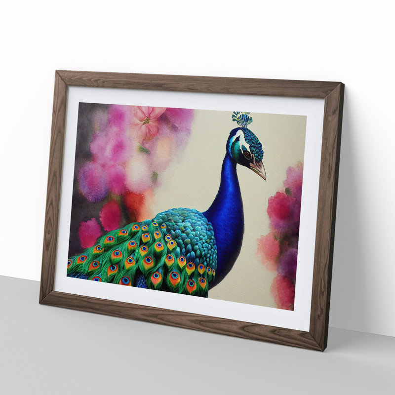 XH1022-6856X Peacock Watercolour - Picture Frame Print, 46cm H x 64cm W x 2cm D, Brown