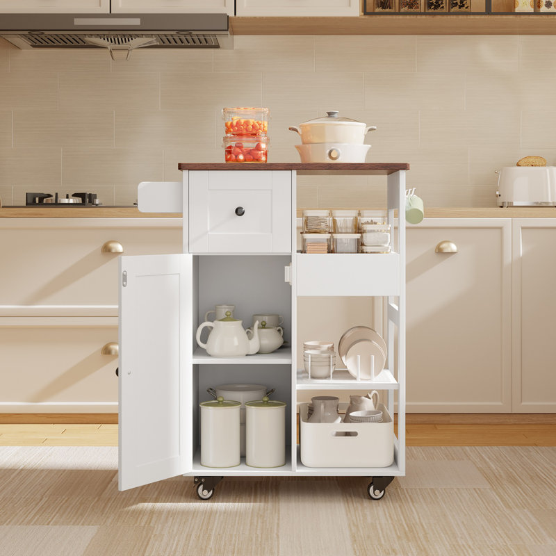 23.6" Rolling Kitchen Cart with Wood Top, Storage Cabinet, Drawer and Open Shelves, Brown/White