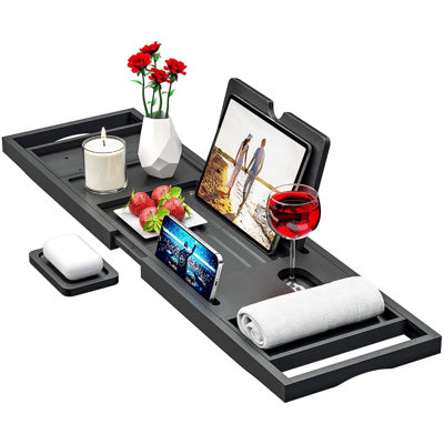 Premium Black Bamboo Expandable Bathtub Tray Caddy - Adjustable Tub Table for House Warming New Home Gifts