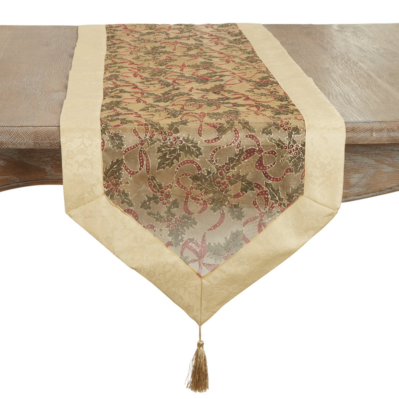 Gold Satin Border And Tassels Holly Ribbon Holiday Christmas Sheer Table Runner 16" W, 16" W x 108" L