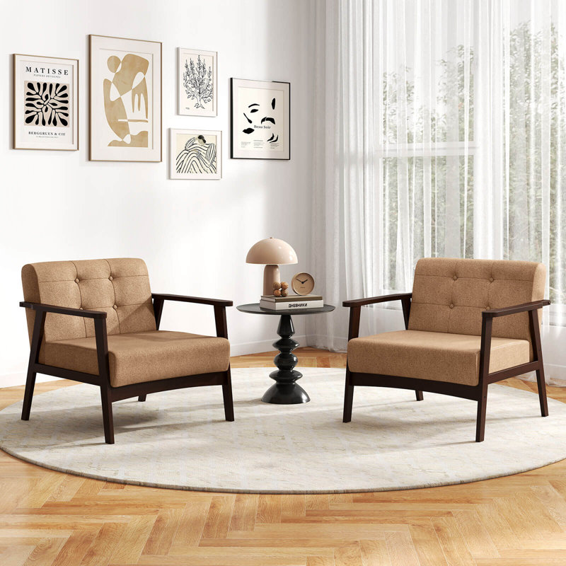 2PCS Fauteuil d'appoint capitonné moderne style Mid-Century avec accoudoirs brun, Lin beige, 2