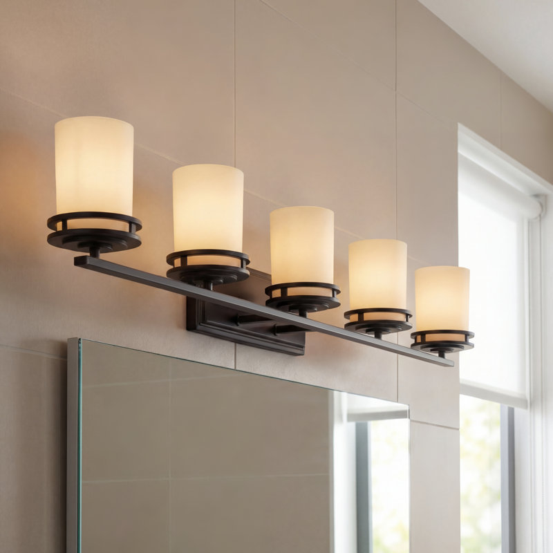 Hendrik 5-Light Olde Bronze Vanity Light with Umber Etched Glass Shades, Olde Bronze