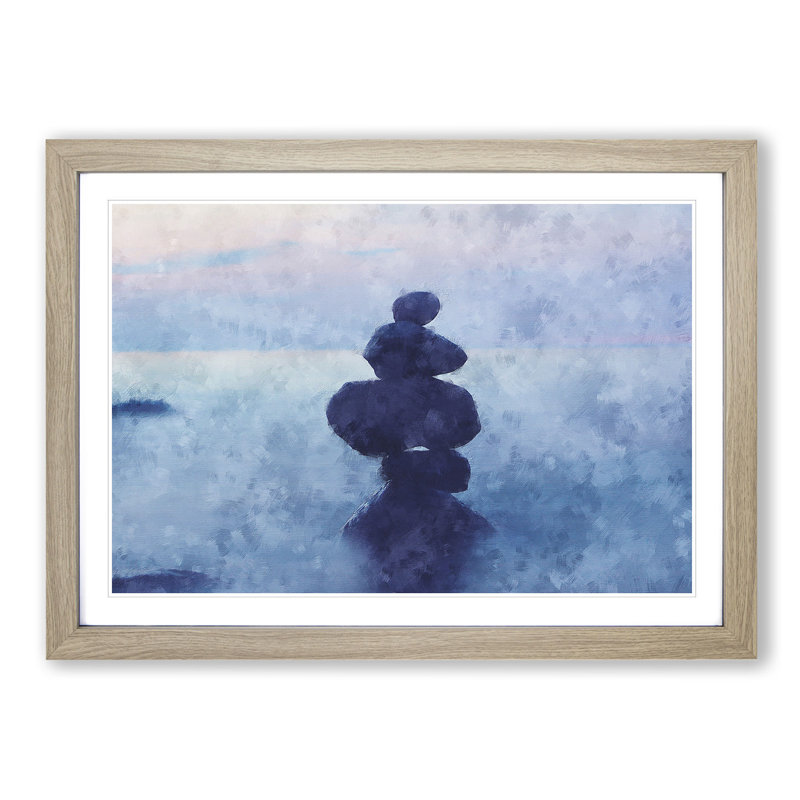 Balancing Zen Stones Upon A Lake - Single Picture Frame Painting on MDF, Oak, 33cm H x 45cm W x 2cm D