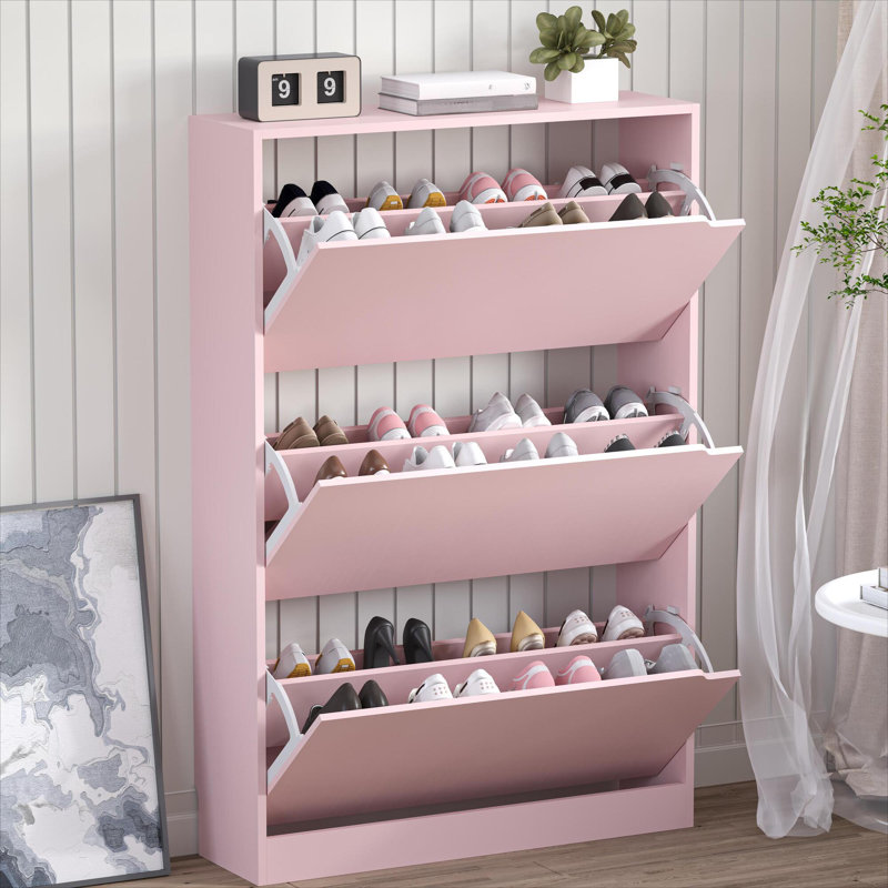 3-Tier Shoe Storage Cabinet with Flip Drawers, 24 Pair Free Standing Shoe Organizer 31.5''W for Entryway, Pink