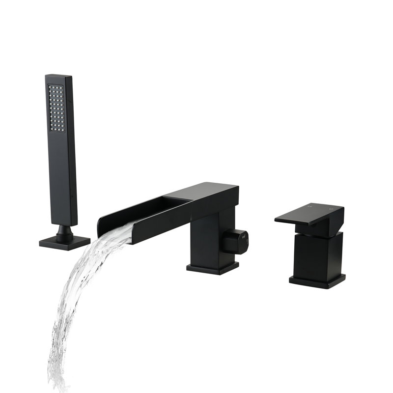 Doux Waterfall Deck-Mount Bathtub Filler Faucet with Diverter and Handheld Shower, Brushed Nickel