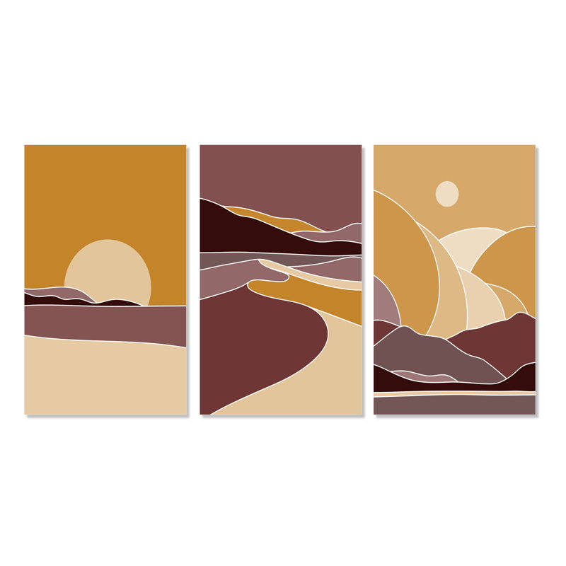 Paysage rétro rétro en couleurs rétro I - ensemble d'art moderne Mid-Century de 3 pièces, H 28 po x l 36 po