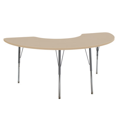 36" x 72" Half Moon Thermofused Woodgrain Activity Table with Standard Legs - Maple Grain/Silver