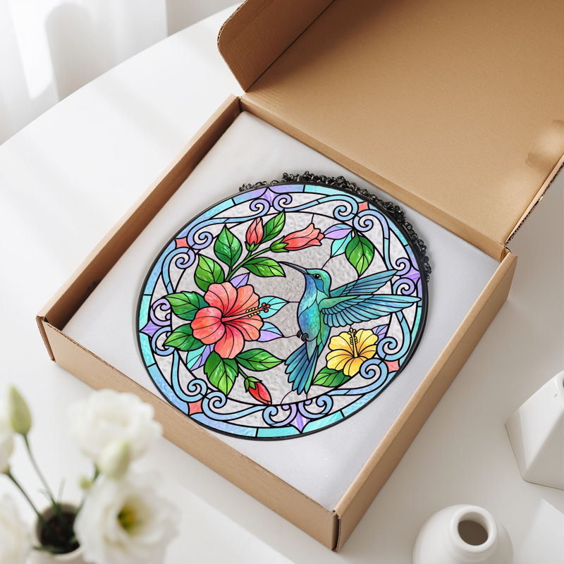 Vitrail de vitrail Hummingbird Floral - 7,8 H, H 7,8 po