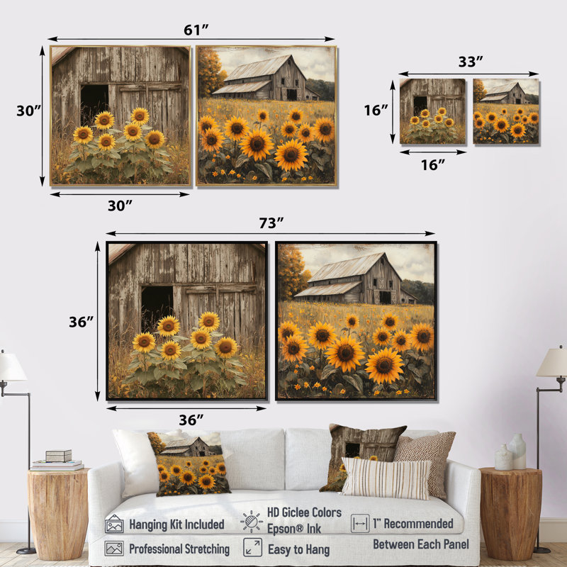 Tournesols par la vieille grange en bois I - décoration murale tournesols - art mural traditionnel 2 pièces, Cadre flottant