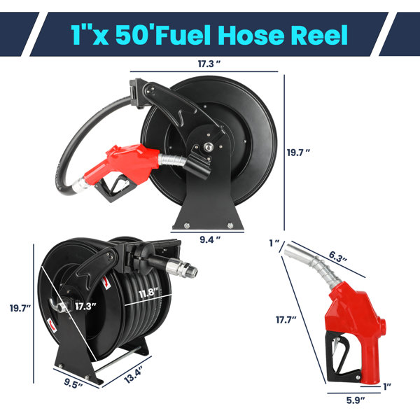 Fuel Hose Reel with Fueling Nozzle, 1 x 50FT Retractable Diesel Hose Reel,  300 PSI Industrial Heavy Duty Auto Swivel Rewind Hose Holder Reel, for