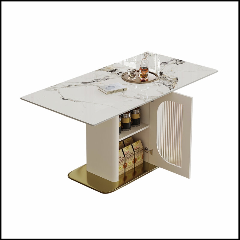 Table de salle à manger moderne 63 pouces pour 4 à 6 personnes, table de cuisine avec tablette de rangement et armoire en acrylique, plateau en pierre frittée et base en bois doré