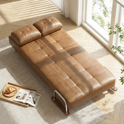 Boneless Convertible Faux Leather Sleeper Chair, Modern Fold-Out Sleeper Loveseat Bed with Wood Armrests