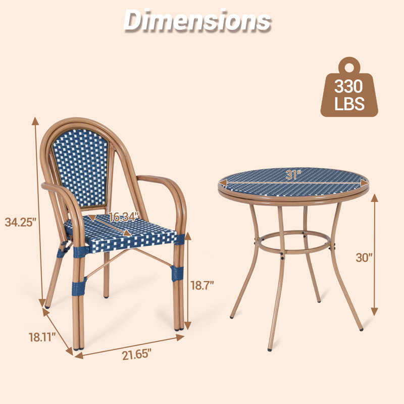 3 Piece Patio Bistro Set, Outdoor Wicker Round Table and 2 Dining Chairs with Metal Frame, French Table Chair Set for Garden Balcony Porch, Blue