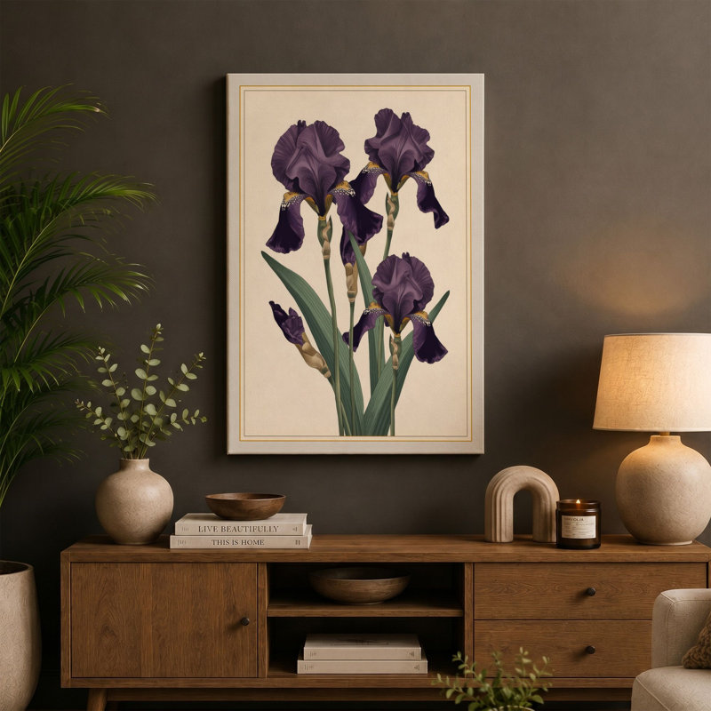 Purple Iris Study Botanical - Wrapped Canvas, 30x20 - 76.2 x 50.8 cm, Teal Border