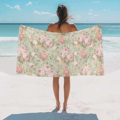 Serviette de plage rose camélia à motif floral, serviette de bain/piscine, feuilles et branches, fleurs rétro vertes, absorbante, douce, grande, séchage rapide, légère, idéale pour les voyages, le sport, le yoga, la salle de sport et la natation (86 x 152 cm). Convient aux adultes.