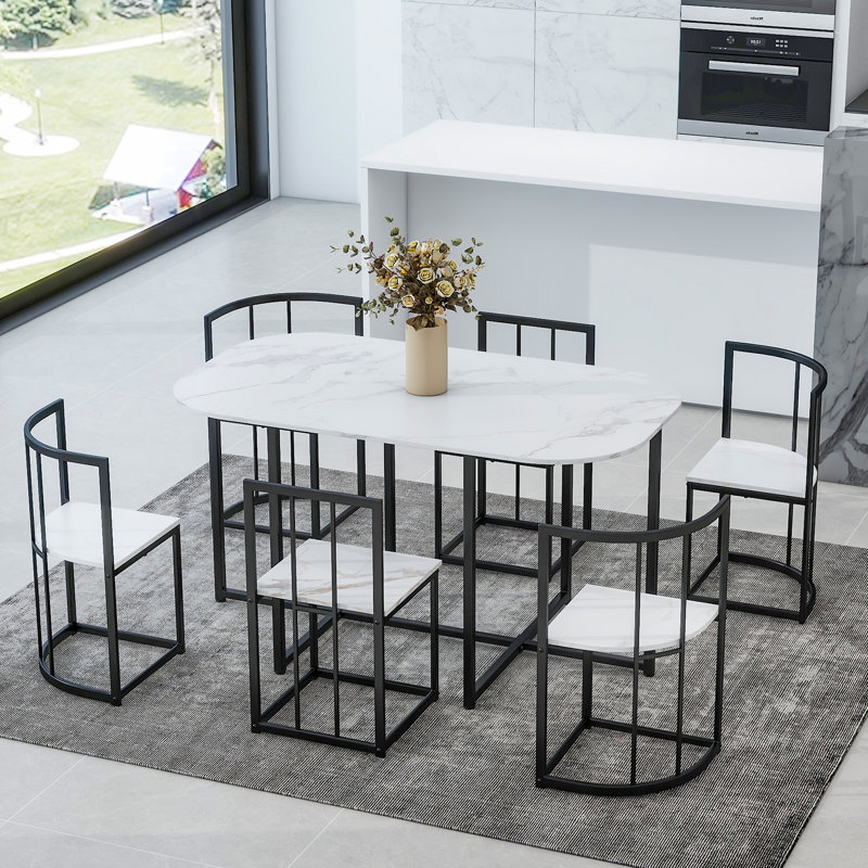7-Piece Dining Table Set, White/Black, Black