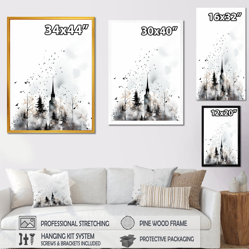 «Minimalist Gray Church Landscape», art mural, H 20 po x l 12 po x P 1 po, Cadre simple noir