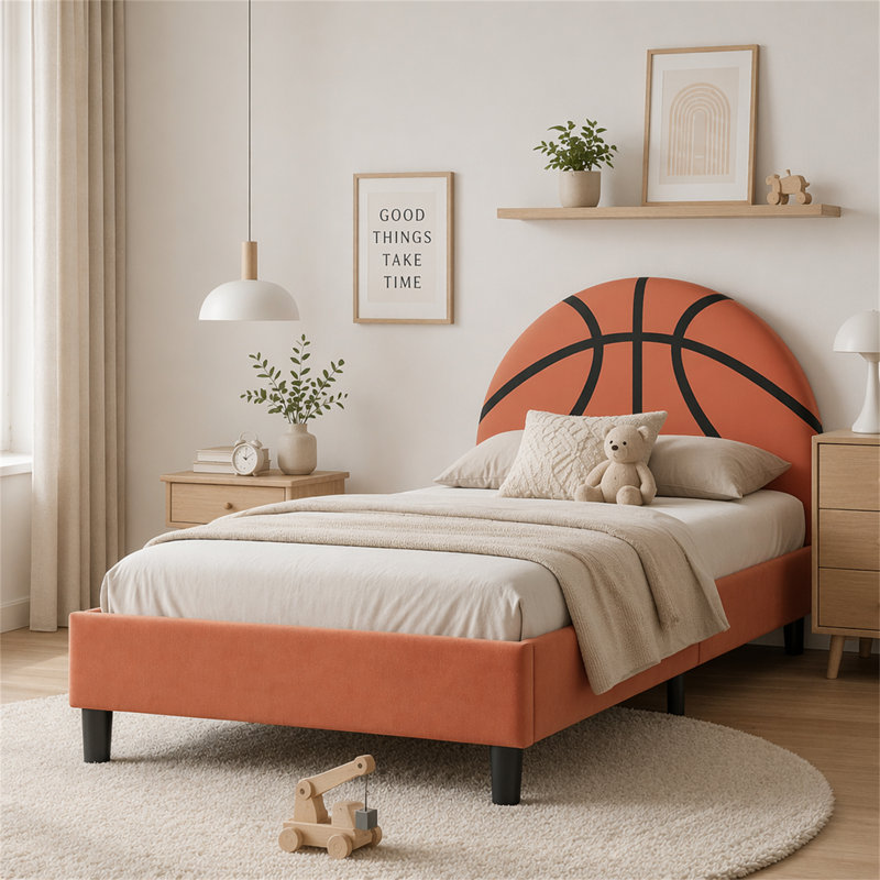 Basketball Design Upholstered Twin Platform Bed Sport Style Bed for Boys & Girls, Teens, Orange, No Box Spring Required Kids Sports Bedroom Furniture