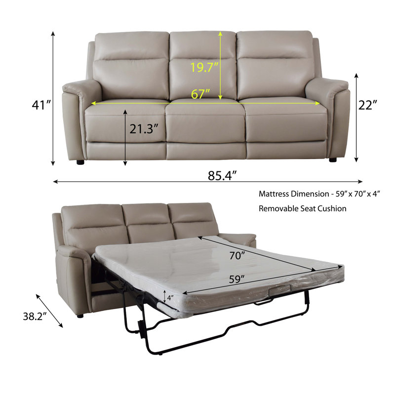 Canapé-lit Plush Haven en cuir gris pâle, 216 cm (85 pouces), format Queen, avec matelas ; canapé-lit 3 places gris pâle pour salon avec matelas.