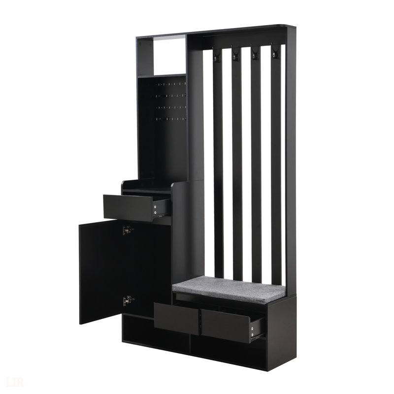 Arbre d'entrée contemporain l 39,3 po x H 70,8 po avec banc de rangement rembourré, rangement multifonctionnel pour hall d'entrée avec panneau perforé et 4 crochets, noir