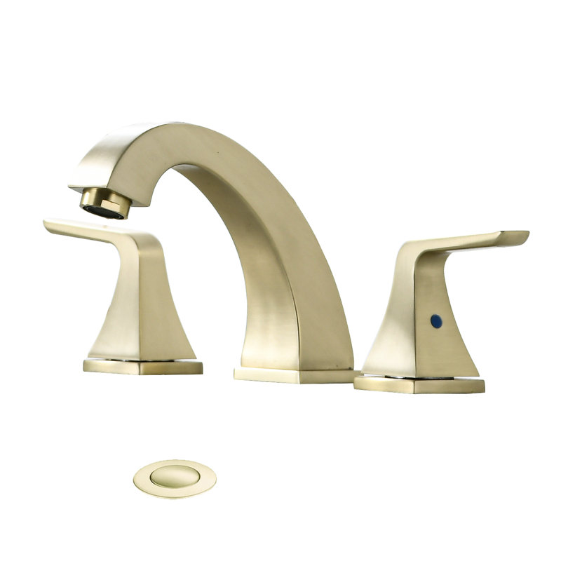 Robinet de salle de bain à entraxe de 61 mm (2 8 po), fini doré brossé, avec bonde escamotable et résistant à l'usure. Deux poignées, bonde, finition sur le plan de travail.