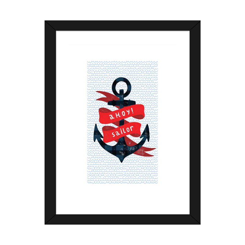 Nautical Anchor - impression d'art graphique, H 32 po x l 24 po x P 1 po, Blanc, Papier encadré noir
