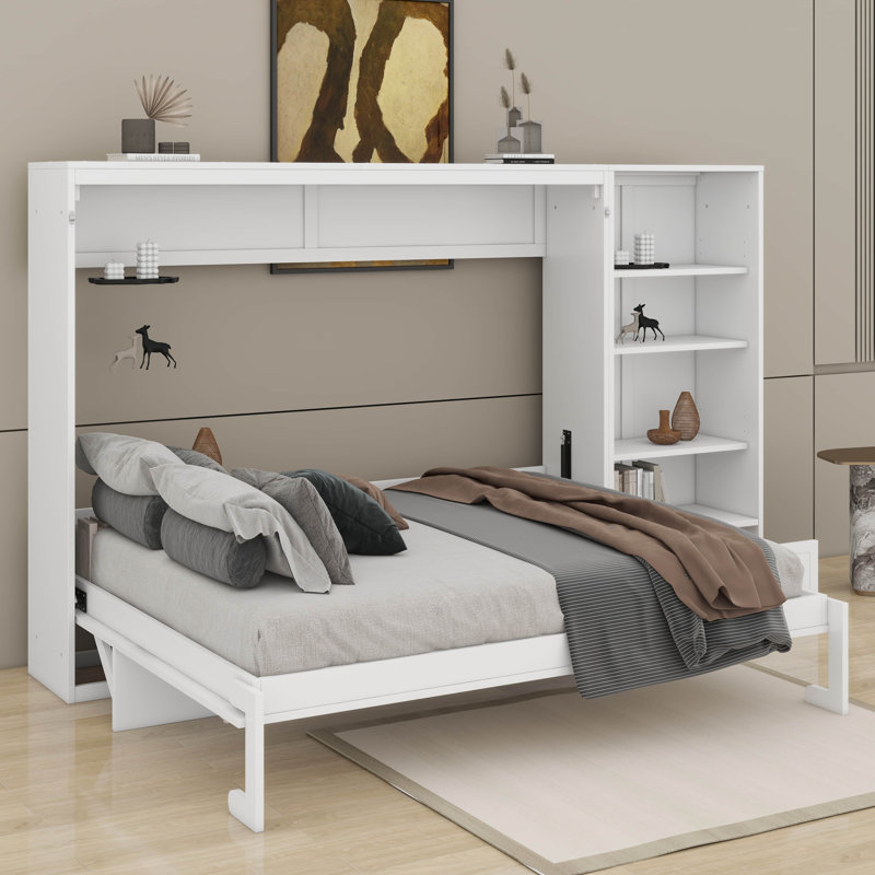 Grand lit escamotable avec compartiments de rangement et tablettes réglables en hauteur, lit escamotable avec tiroir
