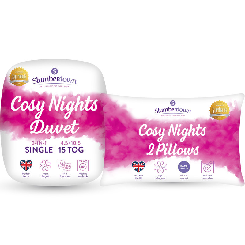 Slumberdown Cosy Nights All Seasons 15 Tog (10.5 + 4.5 Tog) Duvet With 2 Pillows, Single