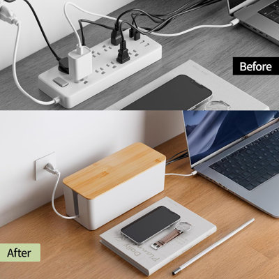 2 Pack Cable Management Box, Wooden Lid & Plastic Body, Medium and Small Cord Organizer Box