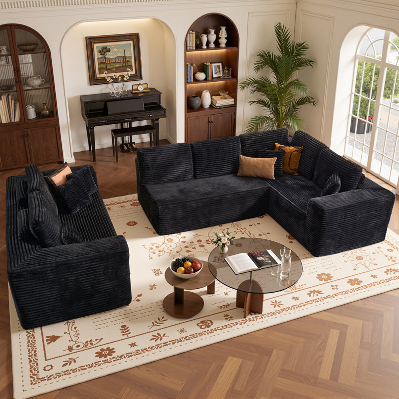 Ensemble de conversation modulaire 3 pièces en velours côtelé, sans assemblage requis, avec canapé modulaire de 79 po, Noir