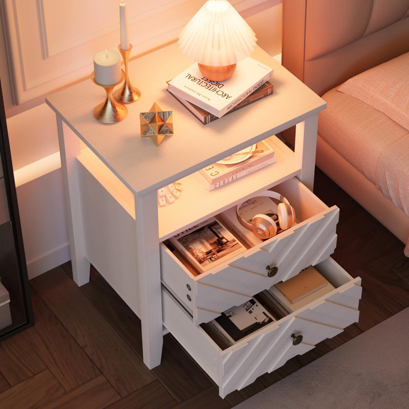  Table à DEL blanche avec 2 tiroirs de rangement - Éclairage RVB - Table de ferme en forme de V - Tablette ouverte et pieds en bois robustes pour la chambre à coucher, le salon et le bureau - Blanc