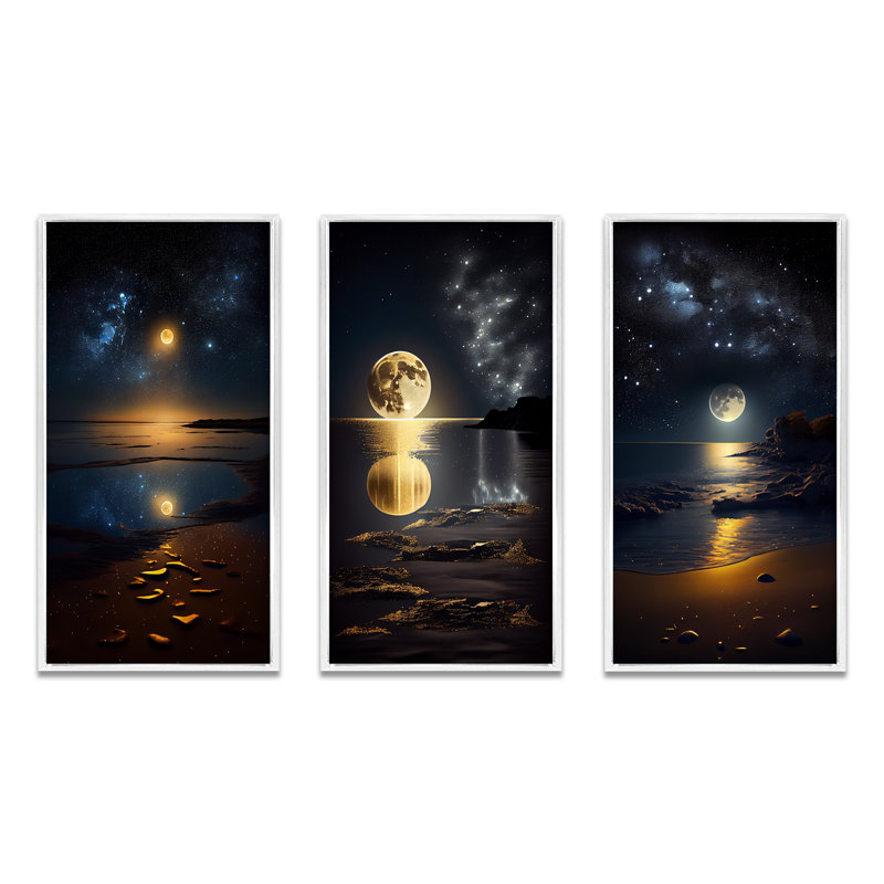 «Golden Full Moon Beach Dream By Night Shore II», 3 pièces, Cadre flottant blanc, H 40 po x l 60 po