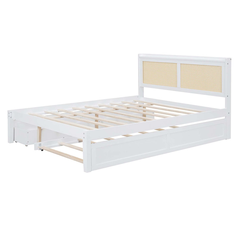 Structure de lit avec tête de lit en rotin et douilles, Blanc, Grand lit